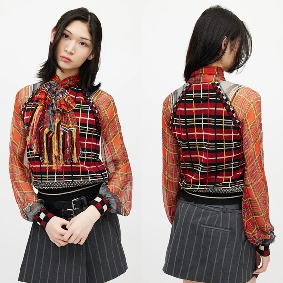 Jean Paul Gaultier Chiffon Sleeve Tartan Plaid Sweater - Picture 1 of 13
